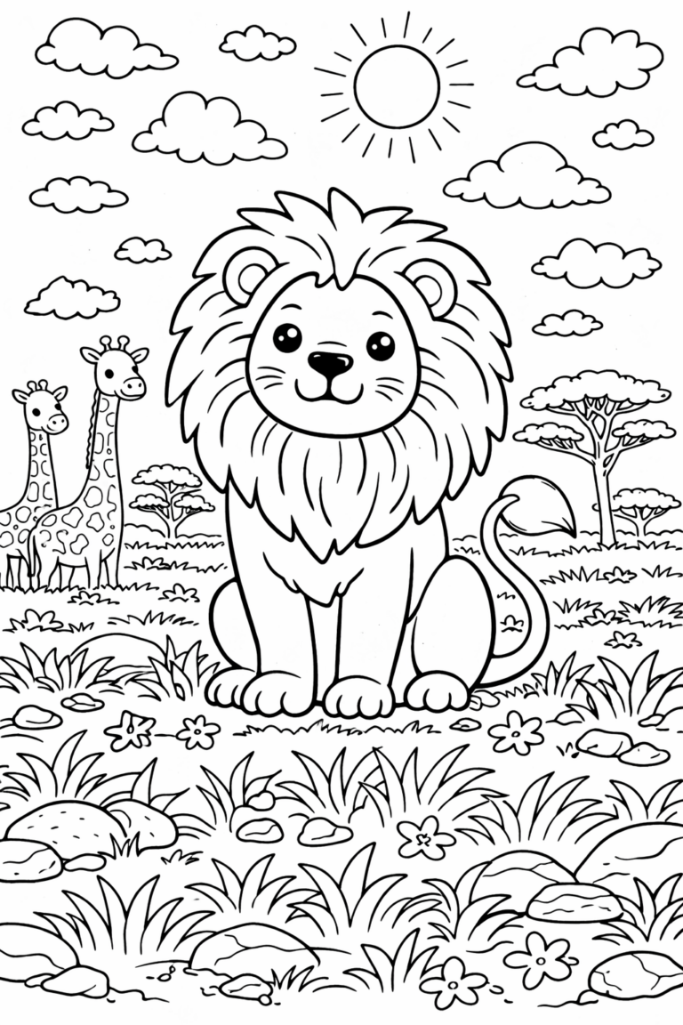 Coloring page of a proud lion in a savanna setting with giraffes, rocks, flowers, and trees under a sunny sky, ideal for engaging children's creativity with joyful coloring possibilities.