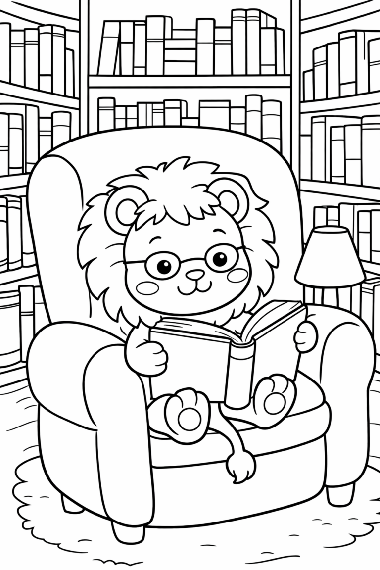 A cute lion cub with glasses sits in a comfortable armchair, attentively reading a book. The background includes shelves full of books, creating a cozy library atmosphere. Perfect for children to color and bring the lion's reading adventure to life.
