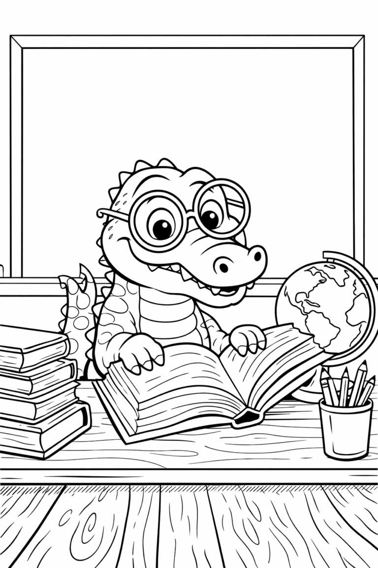 An alligator with glasses sits at a desk reading a book. The illustration includes a stack of books, a globe, and pencils, offering a variety of elements for children to color and enjoy, sparking imagination and creativity.