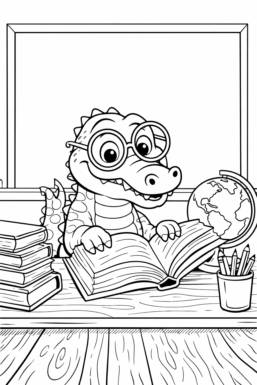 An alligator with glasses sits at a desk reading a book. The illustration includes a stack of books, a globe, and pencils, offering a variety of elements for children to color and enjoy, sparking imagination and creativity.