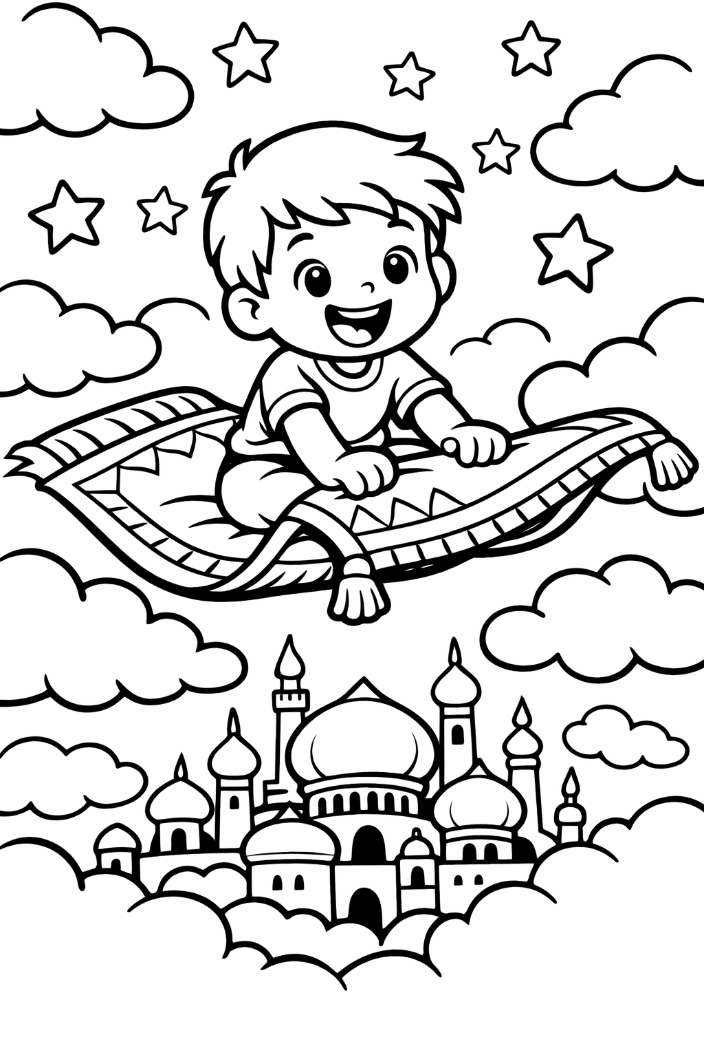 Children's coloring page of a child on a magic carpet flying over a palace, surrounded by stars and clouds, inviting imaginative coloring and story creation.