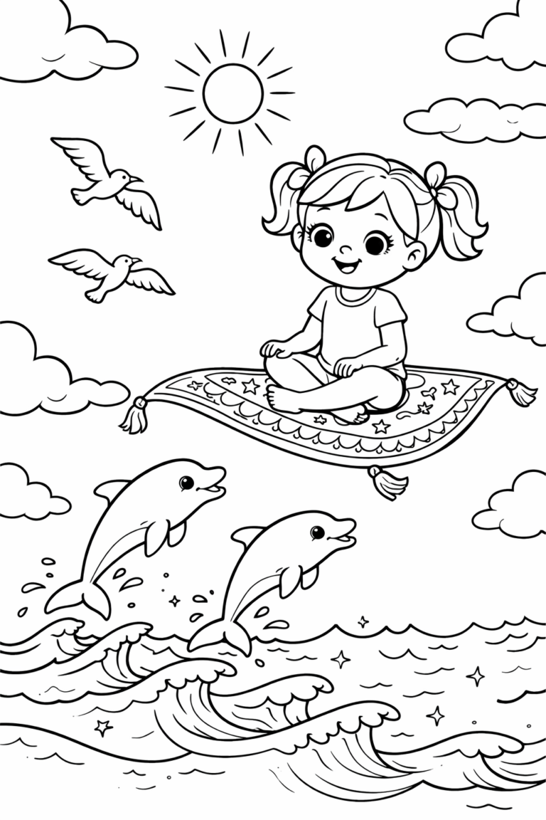 Children's coloring page depicting a young girl riding on a magic carpet. The scene includes dolphins in the ocean and birds in a sunny sky, encouraging creativity and imagination.