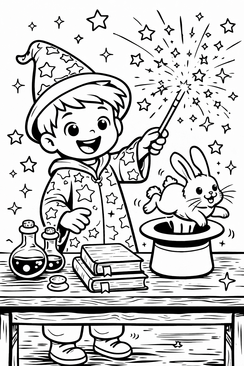A whimsical coloring page showing a young wizard casting a spell with a sparkly wand and a rabbit leaping from a hat, surrounded by magical items like potions and books on a table.