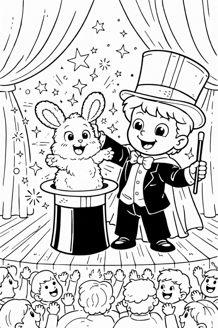 Children's coloring page showing a young magician pulling a rabbit from a hat on stage, surrounded by stars and a cheering audience.