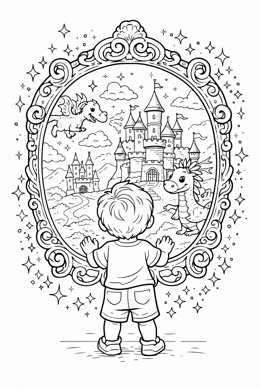 Coloring page showing a child looking into a magical mirror with a castle, a dragon, and a flying creature, surrounded by a decorative frame full of stars.