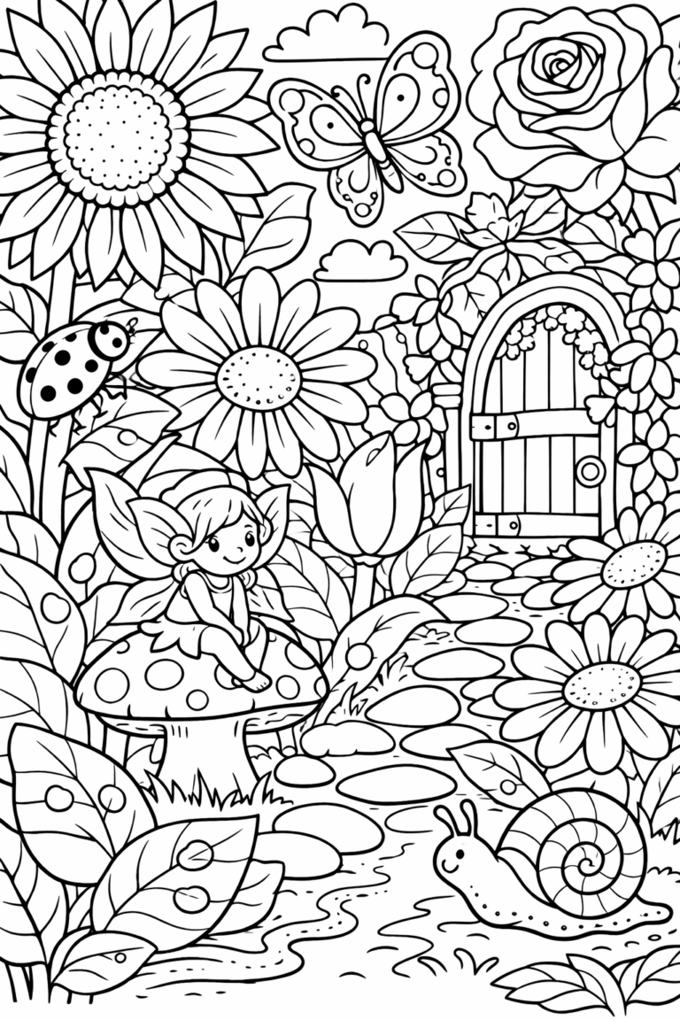 A magical garden scene with a fairy on a mushroom, surrounded by large flowers, a butterfly, a ladybug, and a whimsical door, perfect for children's coloring activities.