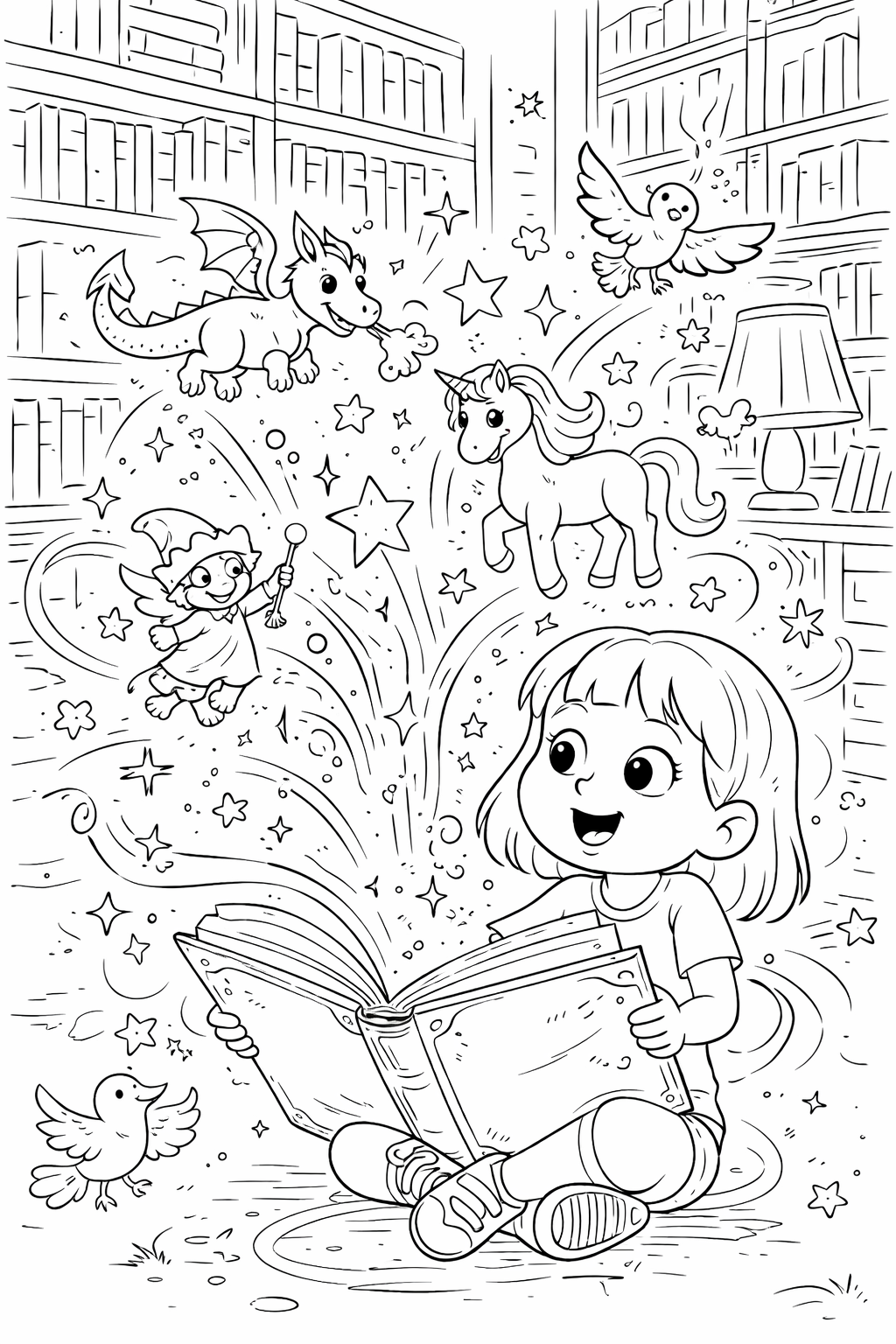 A child sits in a library with an open book, surrounded by magical creatures like unicorns, dragons, and wizards, offering an enchanting coloring experience.