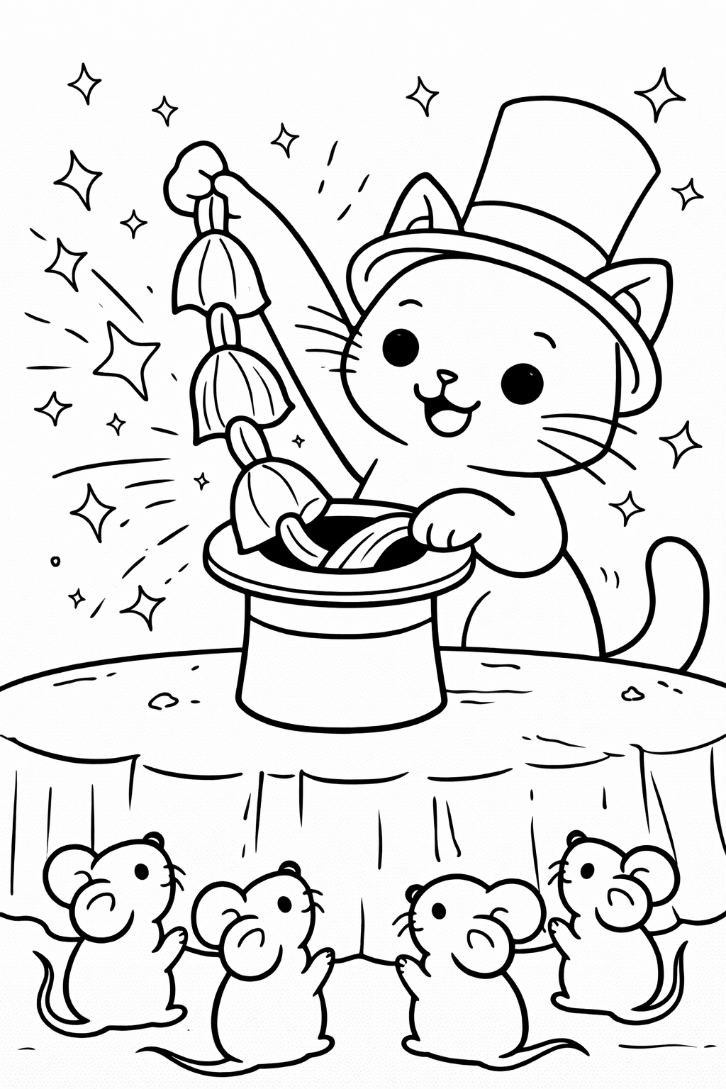 A whimsical scene with a magician cat performing magic tricks on stage, surrounded by small mice. Children can color the hat, wand, and enchanting atmosphere.