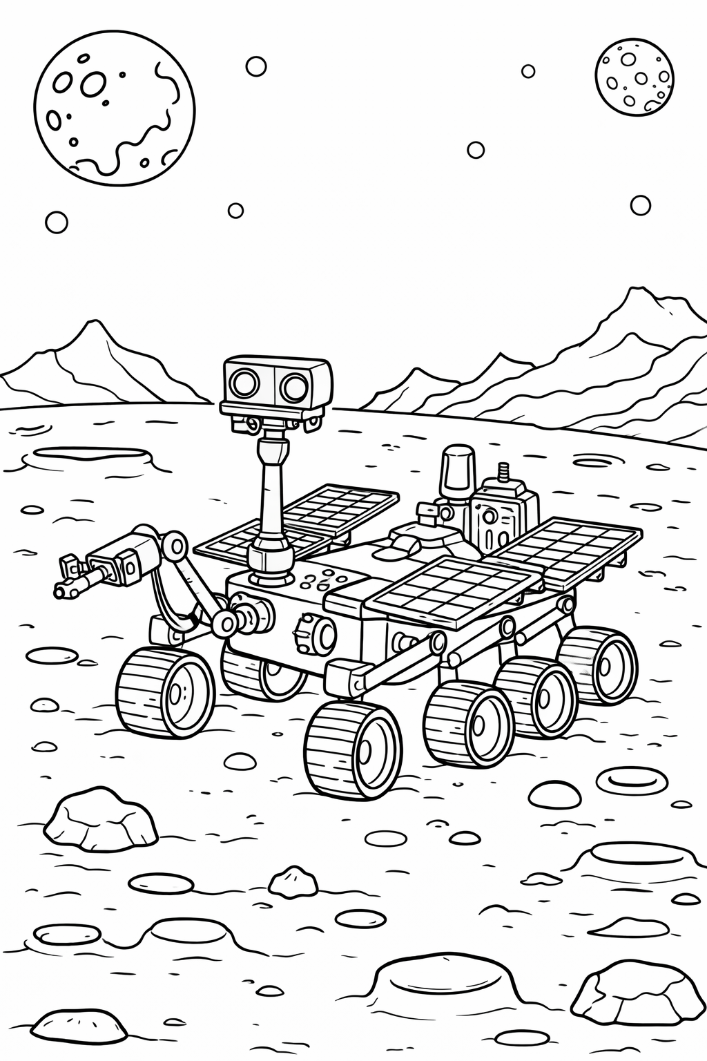 A detailed coloring page featuring a Mars rover on the rocky surface of Mars, with craters and distant mountains in the background.