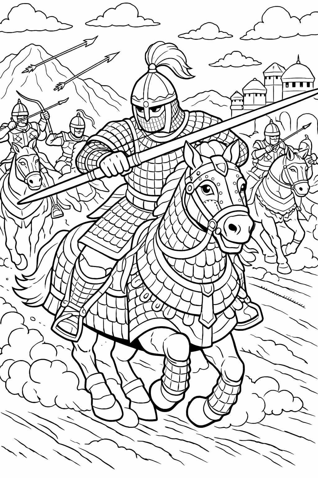 Detailed coloring page of medieval knights on horseback, clad in armor, charging into battle with a castle visible in the background. An engaging and educational activity for kids interested in historic adventures.