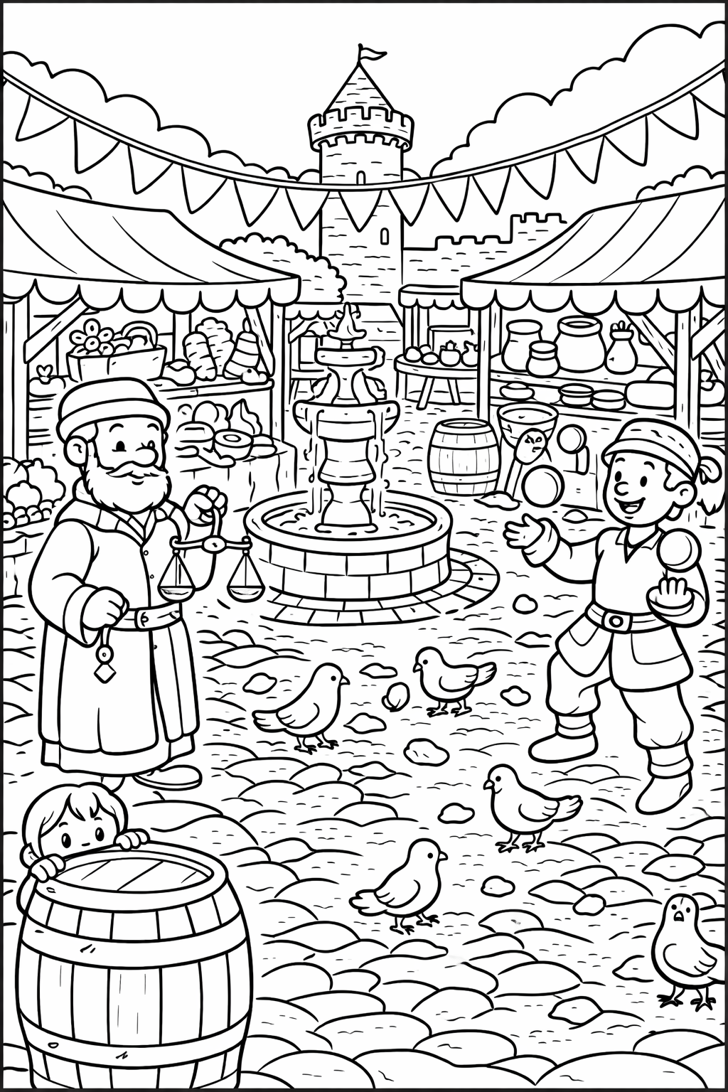 A detailed coloring page displaying a lively medieval market square with vendors, goods, a fountain, and a castle backdrop. Perfect for children to color and explore historical settings.