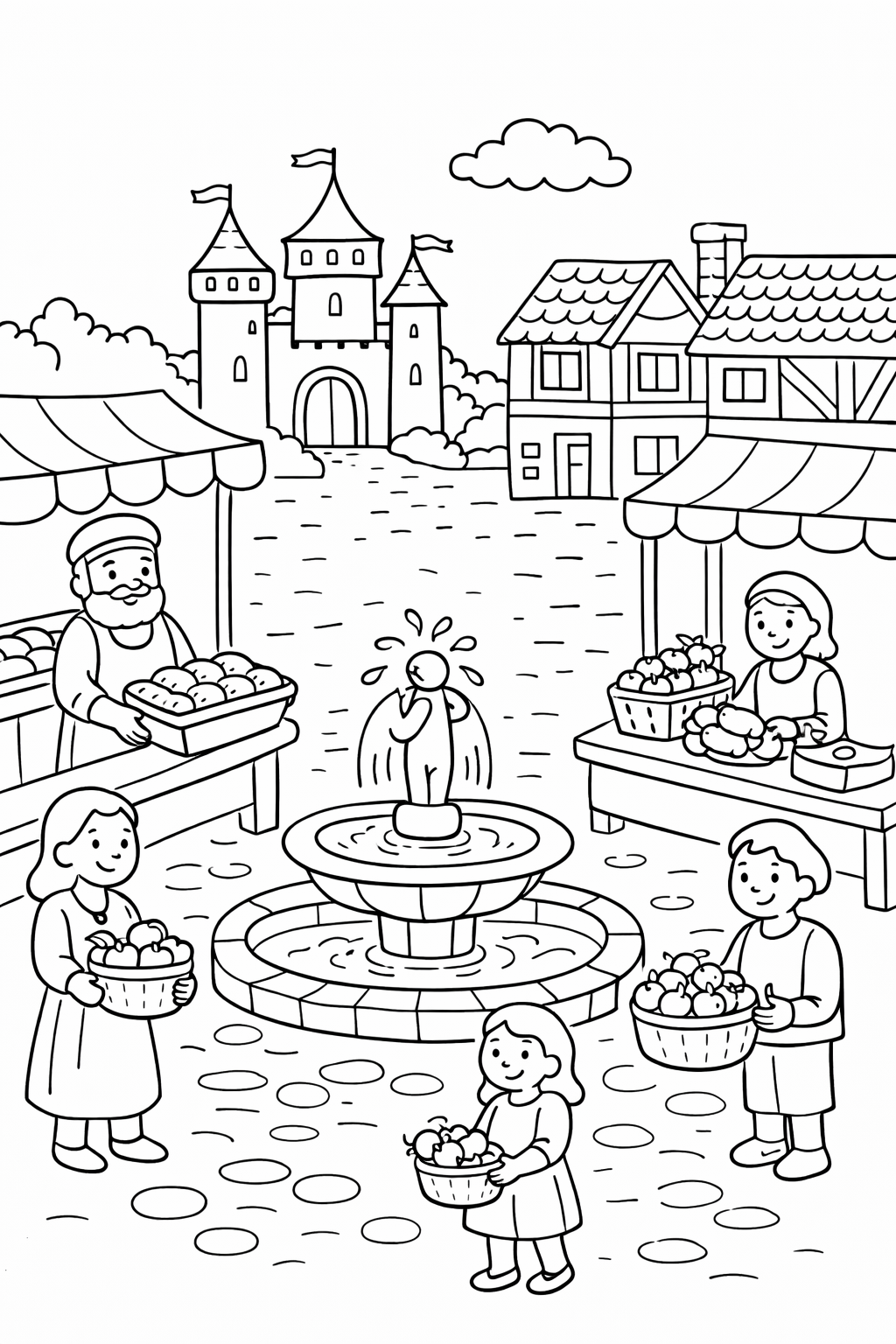 A detailed coloring page showing a medieval market scene with vendors, baskets of fruit, a fountain, and a castle backdrop, providing a creative activity for kids to explore ancient market life.