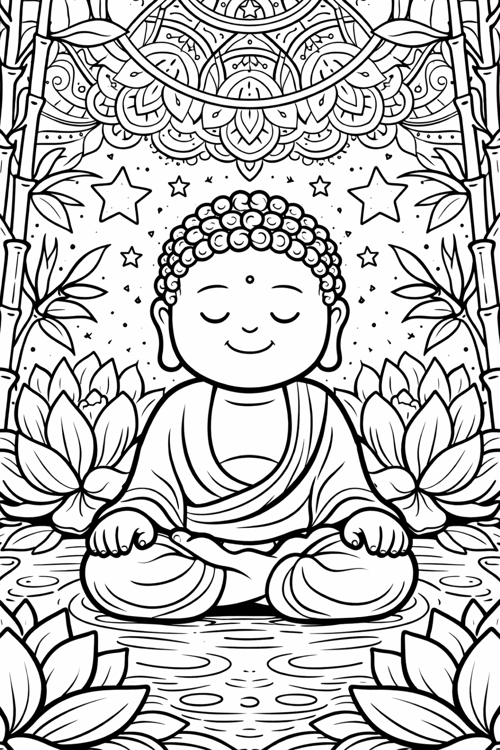 A serene coloring page depicting a meditative Buddha with lotus flowers and bamboo, inviting children to color and explore creativity.