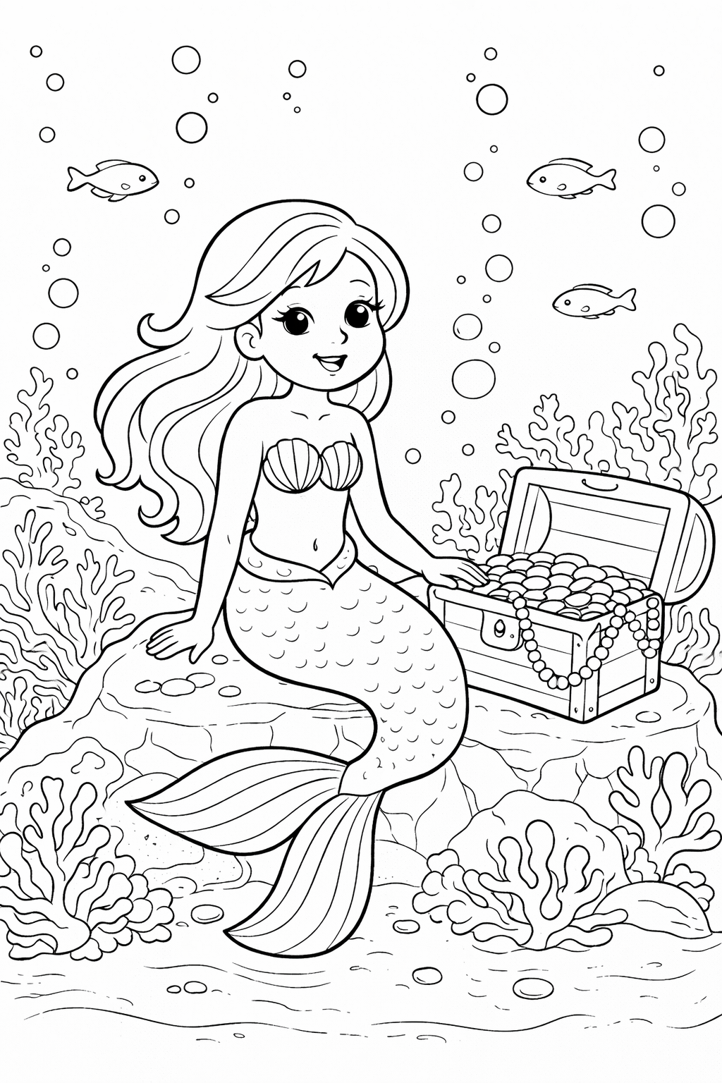 A charming mermaid sits next to a treasure chest filled with jewels and coins. The underwater scene includes corals and fish, offering a delightful and imaginative coloring experience for children.