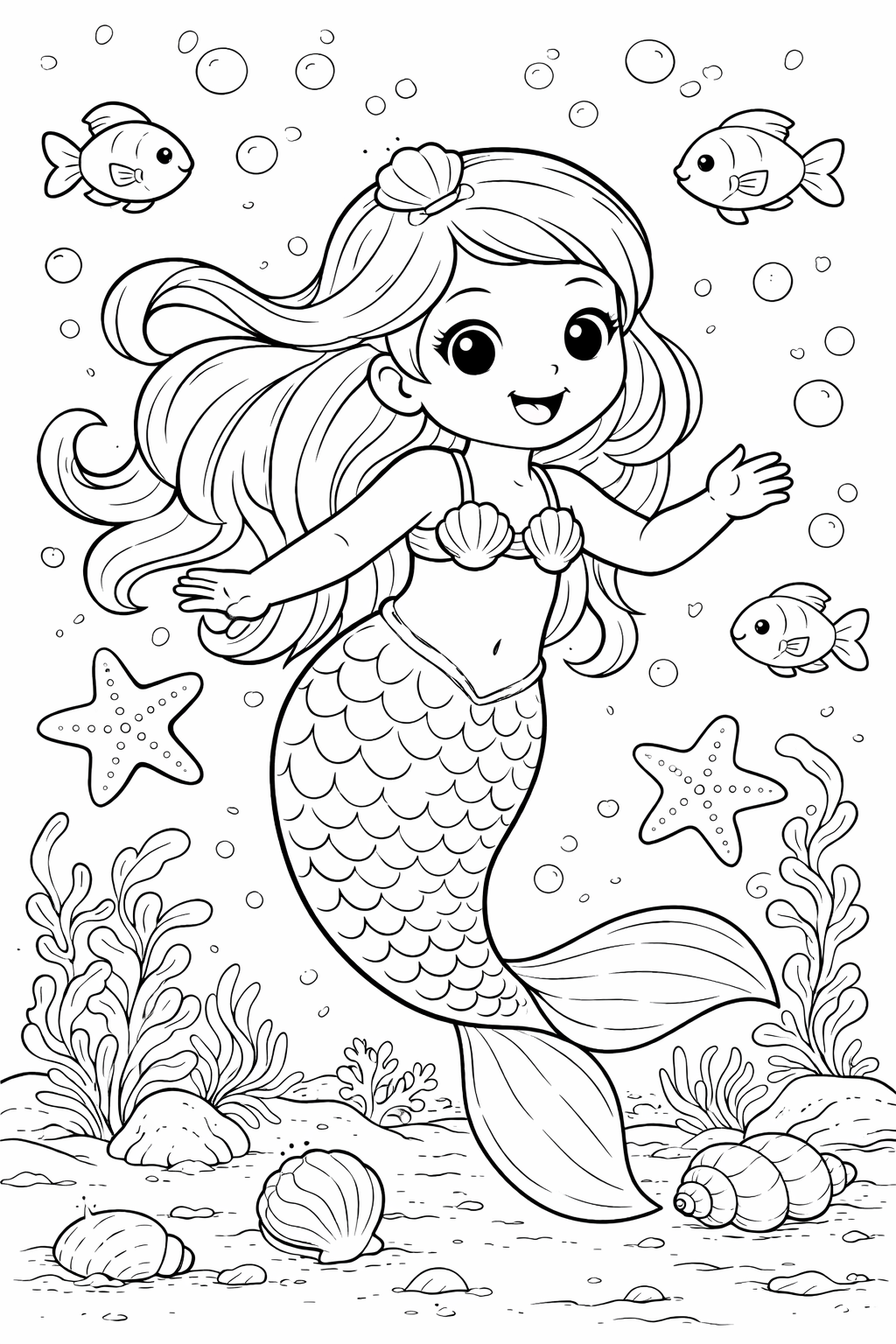 An enchanting coloring page showing a joyful mermaid swimming with fish in an underwater scene. Starfish and seashells add to the whimsy, inviting young artists to fill the page with their imagination.