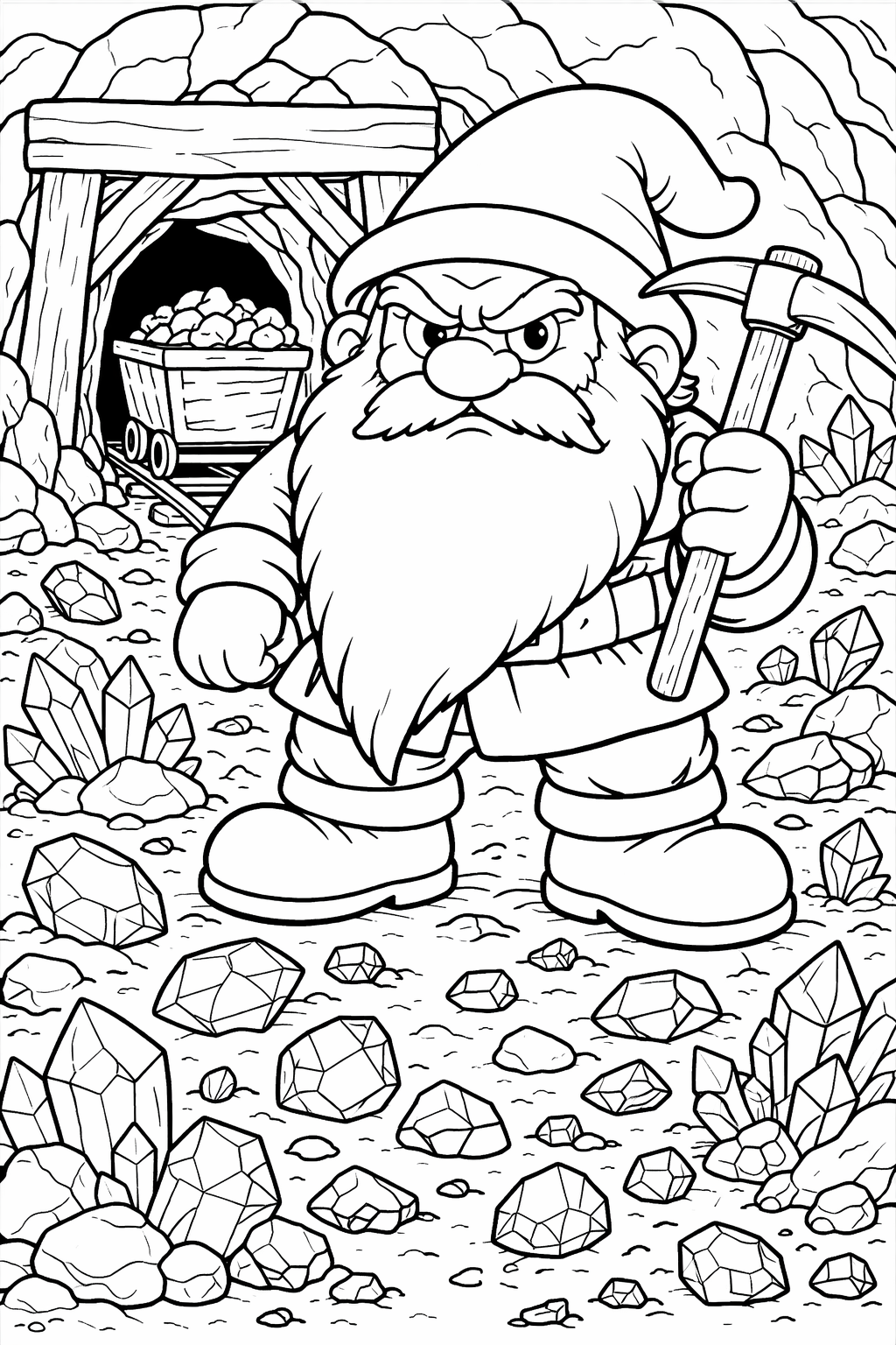 A fierce-looking dwarf holding a pickaxe stands in a cave filled with sparkling crystals. A mining cart in the background signifies his readiness for a treasure-hunting adventure, making this coloring page a perfect choice for children fascinated by fantastical worlds.