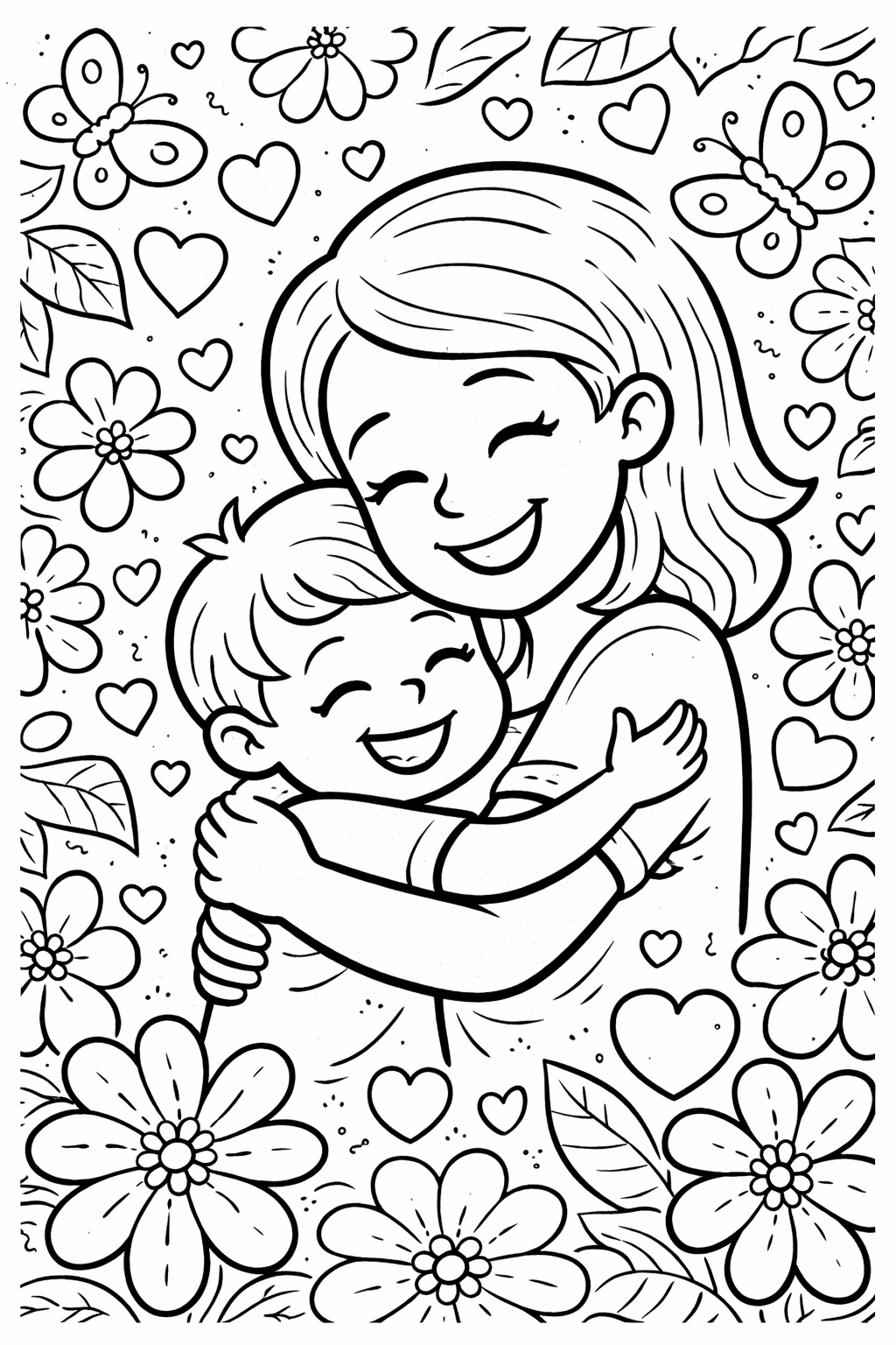 A heartwarming coloring page featuring a mother hugging her child. They are surrounded by flowers, hearts, and butterflies, expressing warmth and love. The scene provides a joyful activity for children to color, fostering feelings of affection and family bonds.