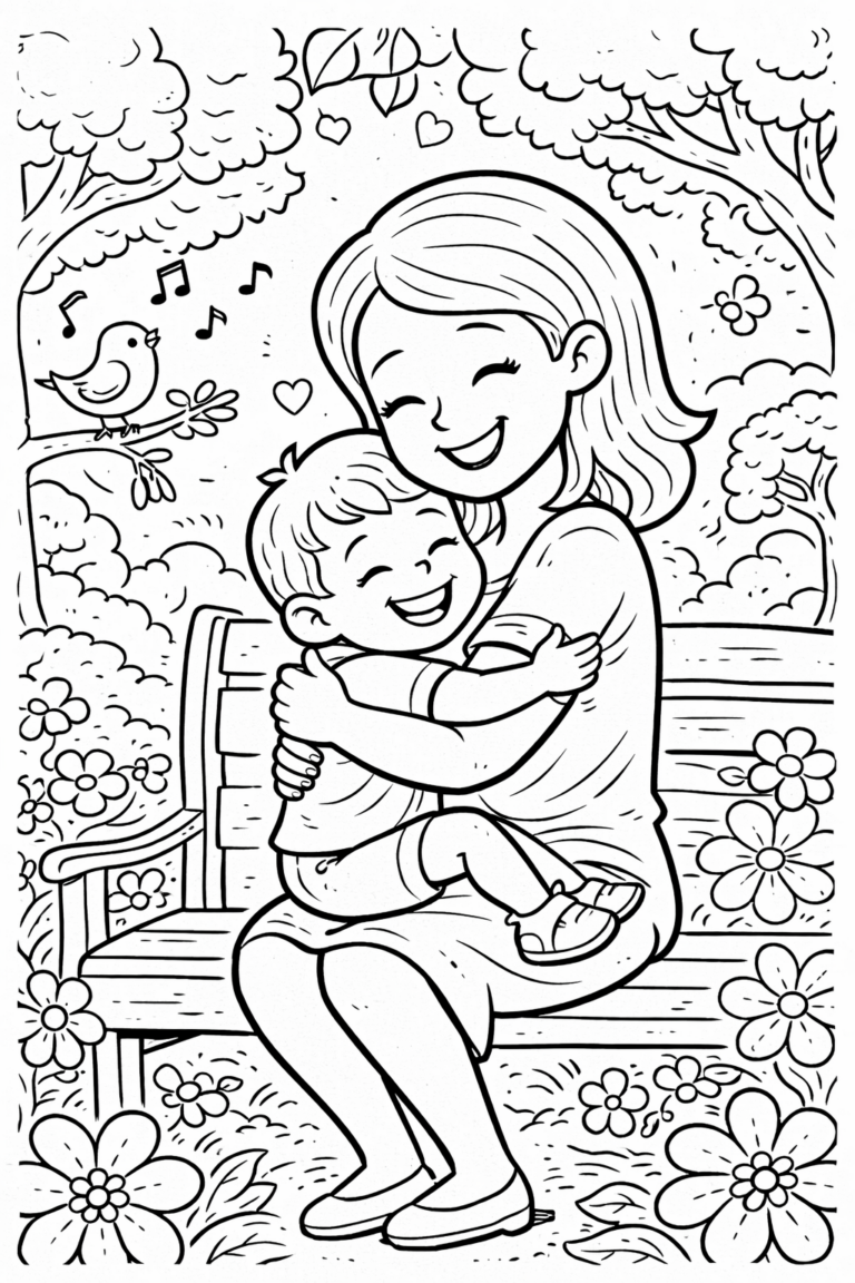 A mother embraces her child lovingly on a park bench. They are surrounded by trees and flowers, with a bird singing nearby, depicting warmth and affection.