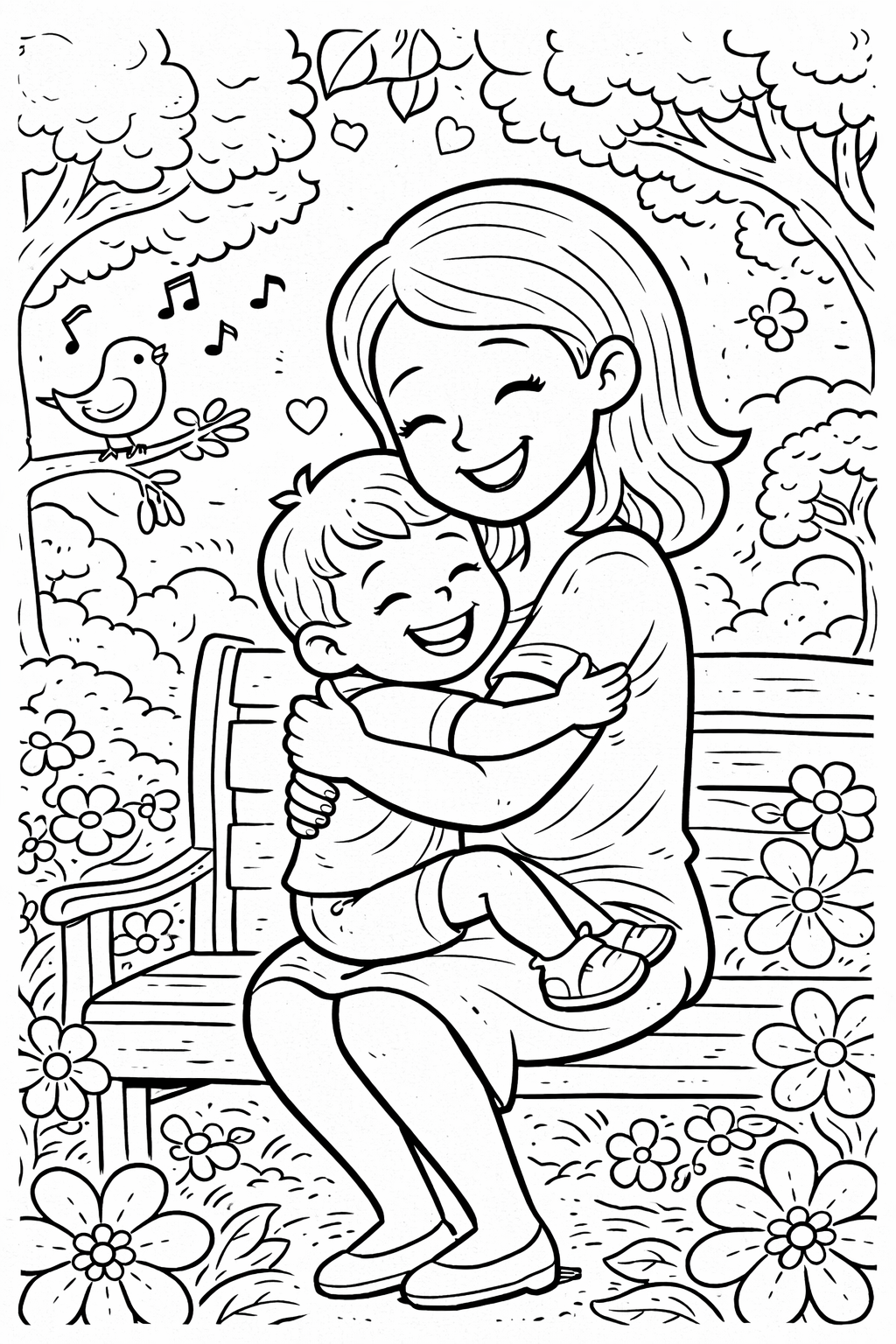 A mother embraces her child lovingly on a park bench. They are surrounded by trees and flowers, with a bird singing nearby, depicting warmth and affection.