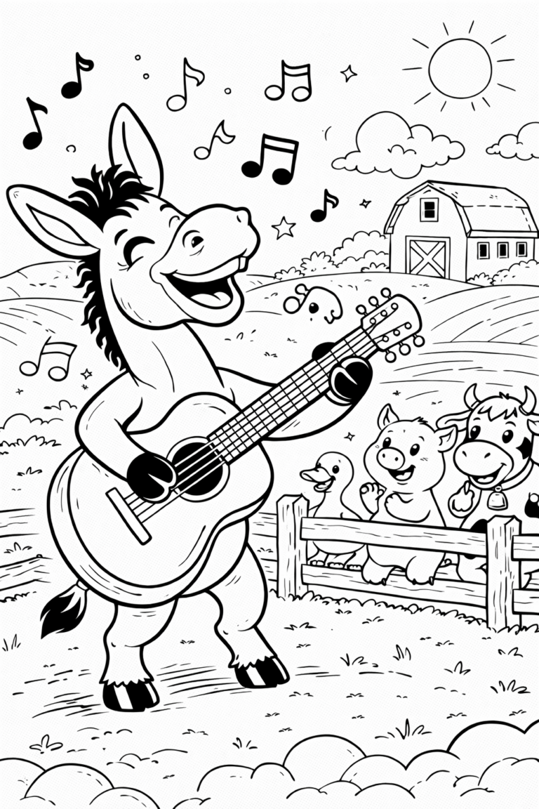 A lively farm scene with a donkey strumming a guitar, accompanied by a pig, cow, and duck, with musical notes in the air and a bright sun shining.