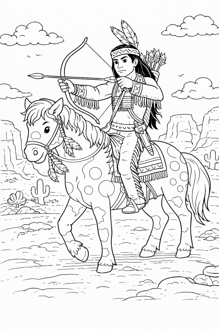 Coloring page showing a Native American warrior on horseback, dressed in traditional attire, with a bow and arrow. The scene is set in a desert landscape with clouds and cacti.