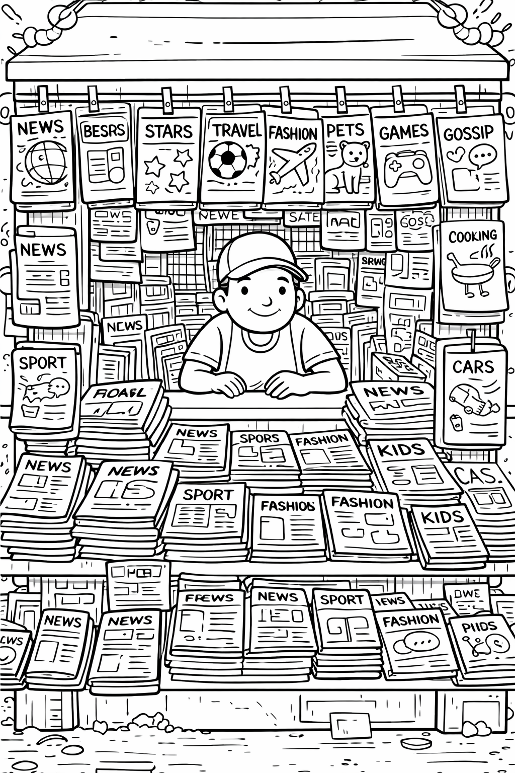 A detailed coloring page depicting a newsstand with various magazines and newspapers displayed. A vendor stands smiling, surrounded by items categorized into sports, fashion, travel, and more.