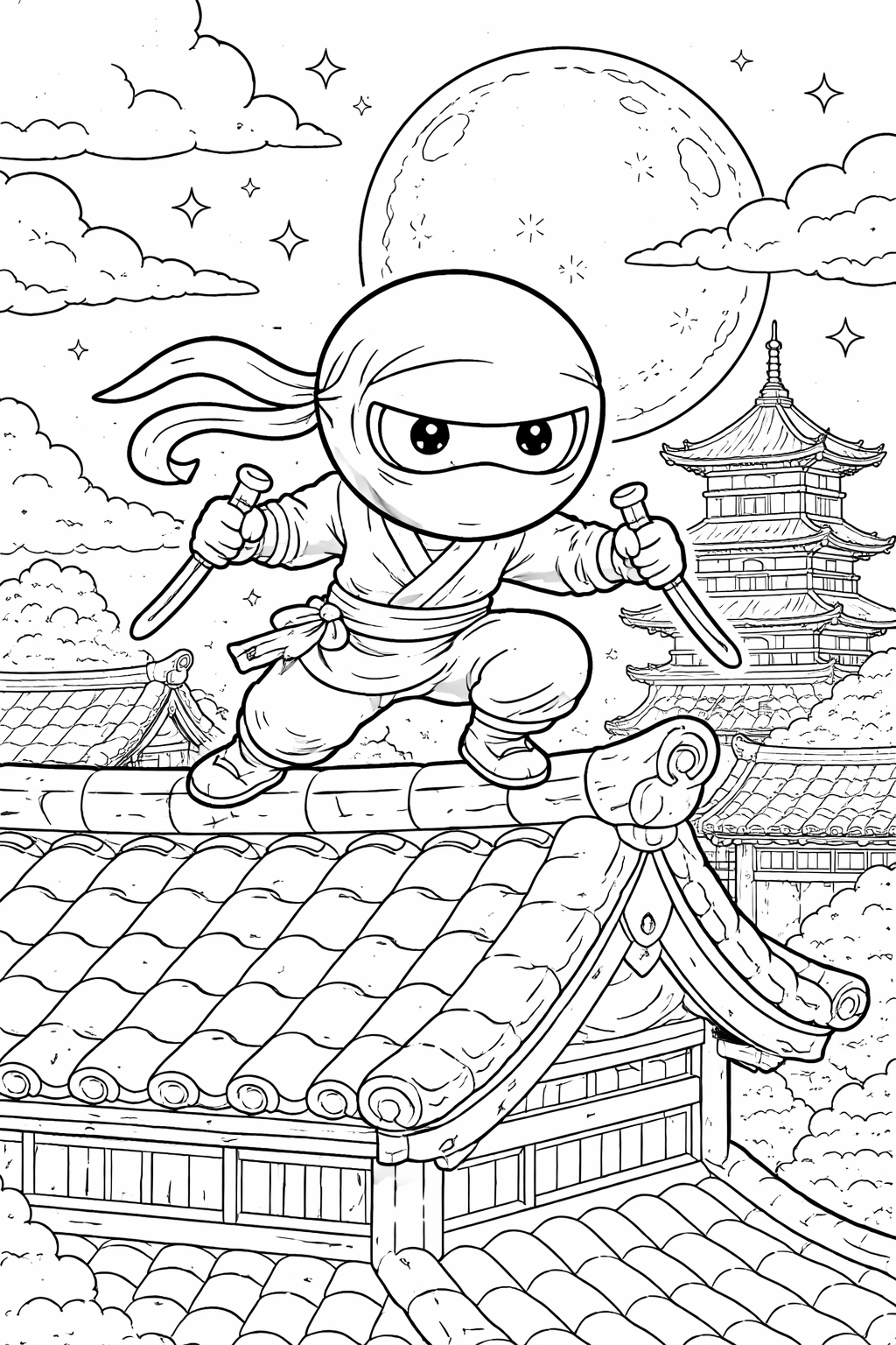 A ninja character stands on a rooftop under a starry sky with a large moon. Traditional Japanese architecture adds to the adventurous scene, inviting children to color and explore.
