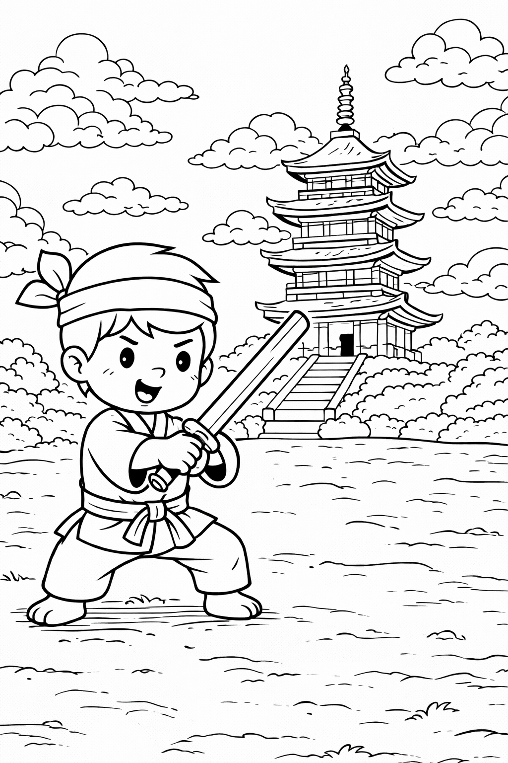 A detailed coloring page showing a spirited ninja child practicing martial arts with a sword in hand, standing confidently in front of a traditional pagoda. The scene includes clouds, bushes, and detailed architecture for children to color.