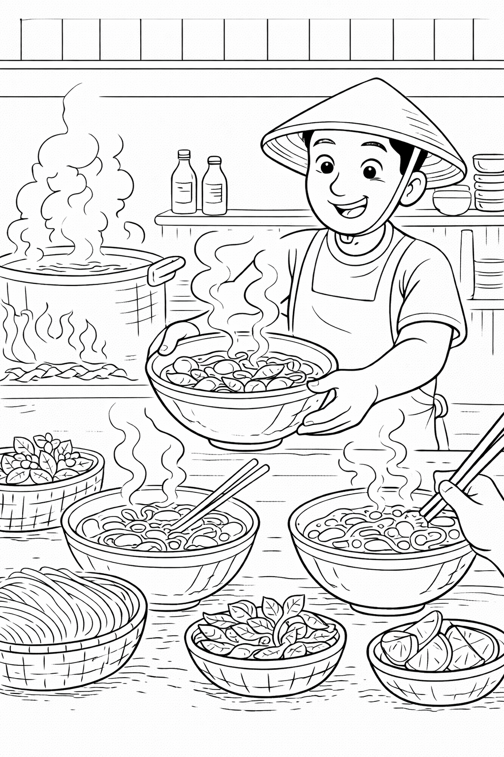 Coloring page of a friendly cook in a noodle shop, serving steaming bowls of noodles with various ingredients around, inviting children to add their own vibrant colors.