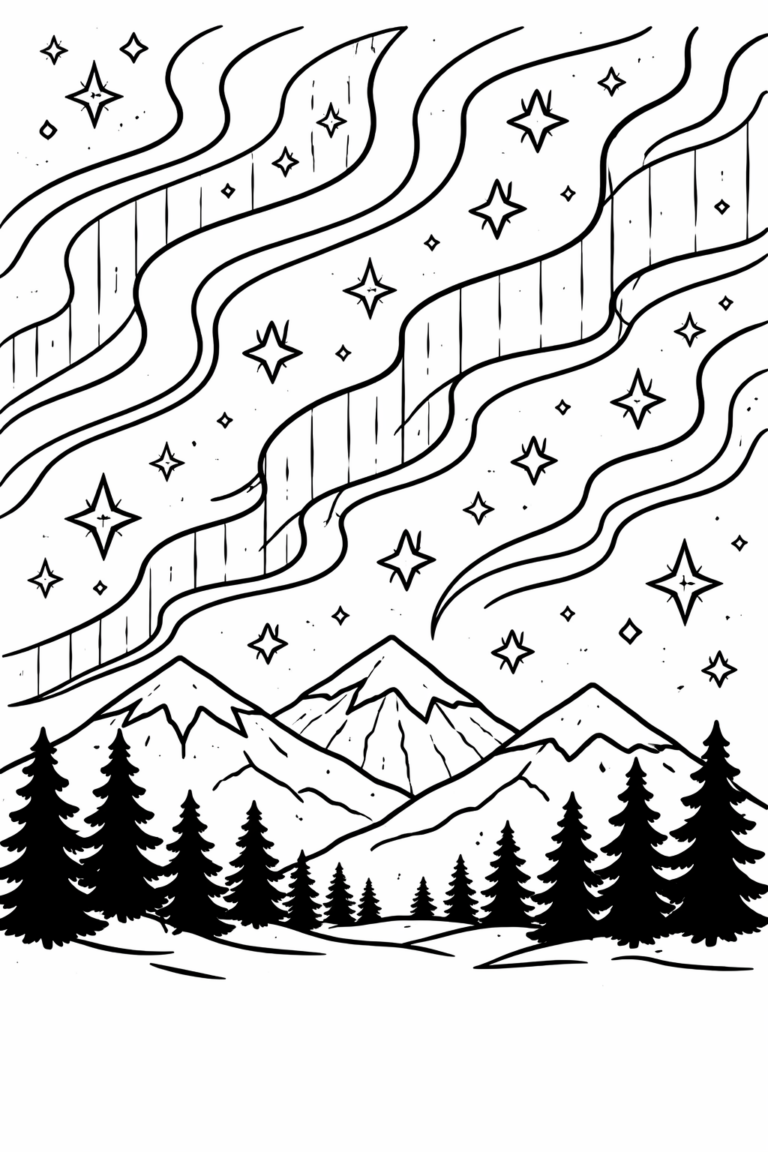 Children's coloring page featuring the northern lights over snowy mountains. Sparkling stars fill the sky, providing a captivating scene for young artists to color. Pine trees accentuate the landscape, offering a picturesque background.