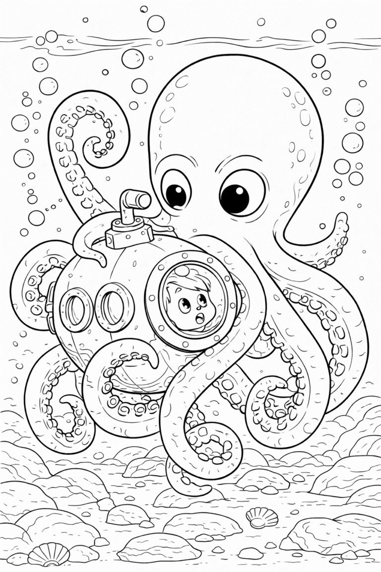 A lively scene featuring an octopus holding a small submarine under the sea. A curious child inside peers out, surrounded by oceanic bubbles and underwater landscape, inviting creative coloring.