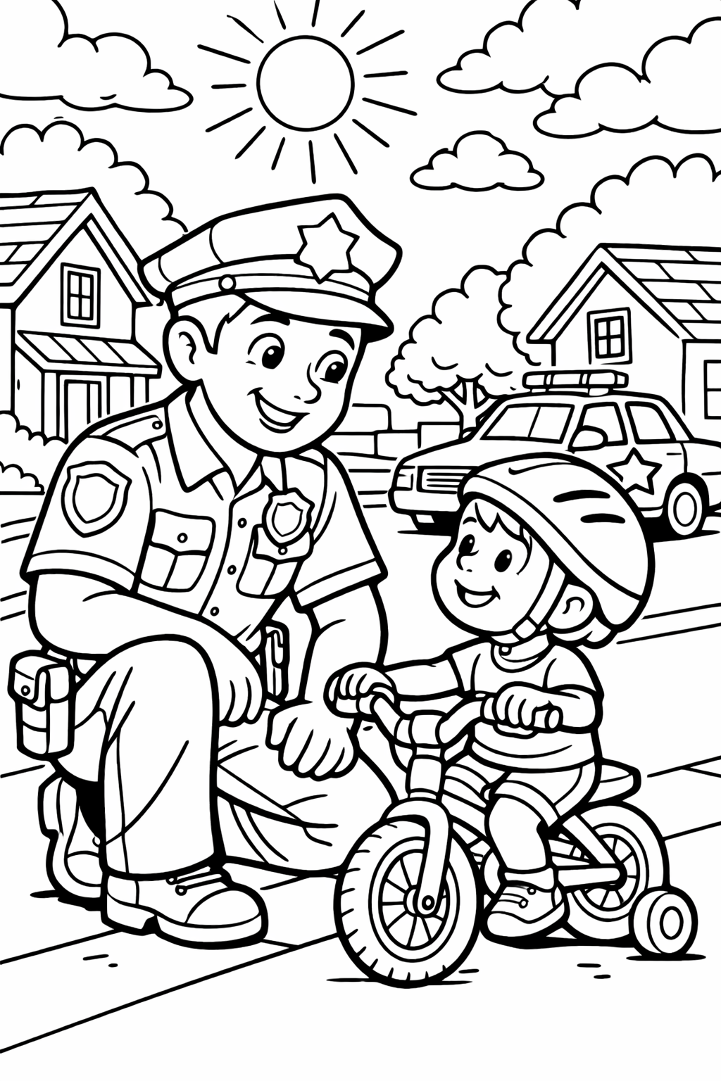 A coloring page showing a friendly officer speaking to a child on a bike, depicting a warm community scene with a sunny day, houses, and a police car nearby.