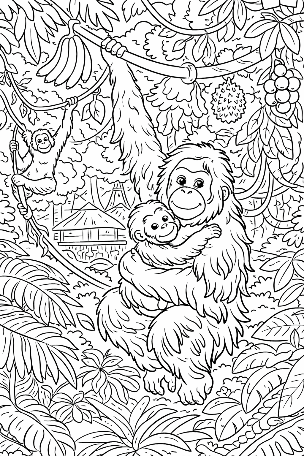 A detailed coloring page showing a mother orangutan holding her baby in a jungle scene. The jungle setting includes lush leaves, hanging fruits, and another orangutan swinging on a vine in the background.