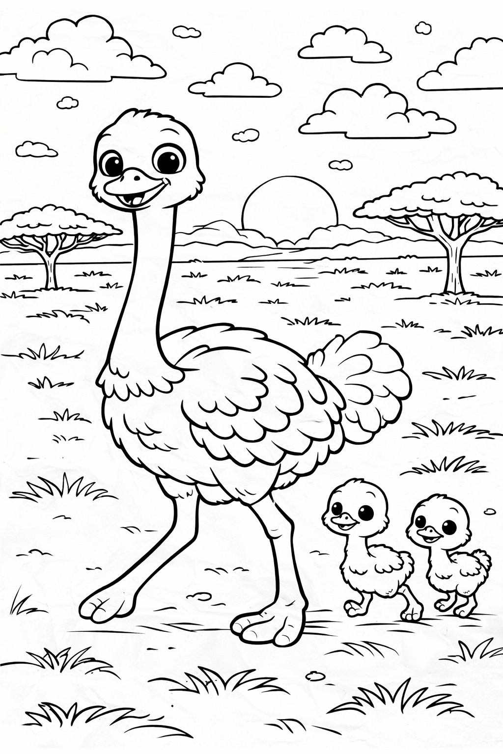 A cheerful ostrich with two cute chicks in a sunny landscape, featuring clouds and trees, offering a fun coloring experience for children.