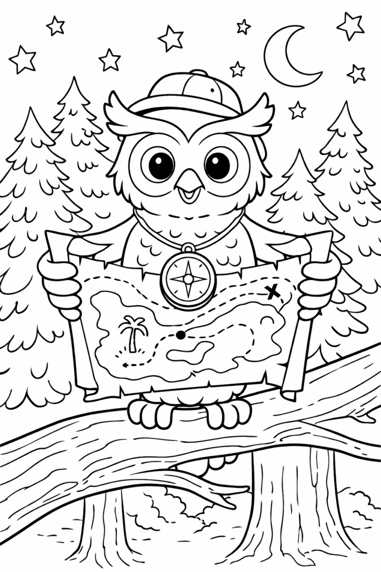 An adventurous owl in a forest holding a treasure map, surrounded by trees and a starry night sky. A fun scene for children to color and explore their creativity.