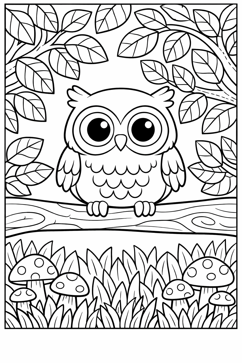 A children's coloring page featuring an adorable owl perched on a leafy branch with mushrooms and grass below. Kids can enjoy coloring the owl and the detailed leaves, creating a vibrant natural scene.