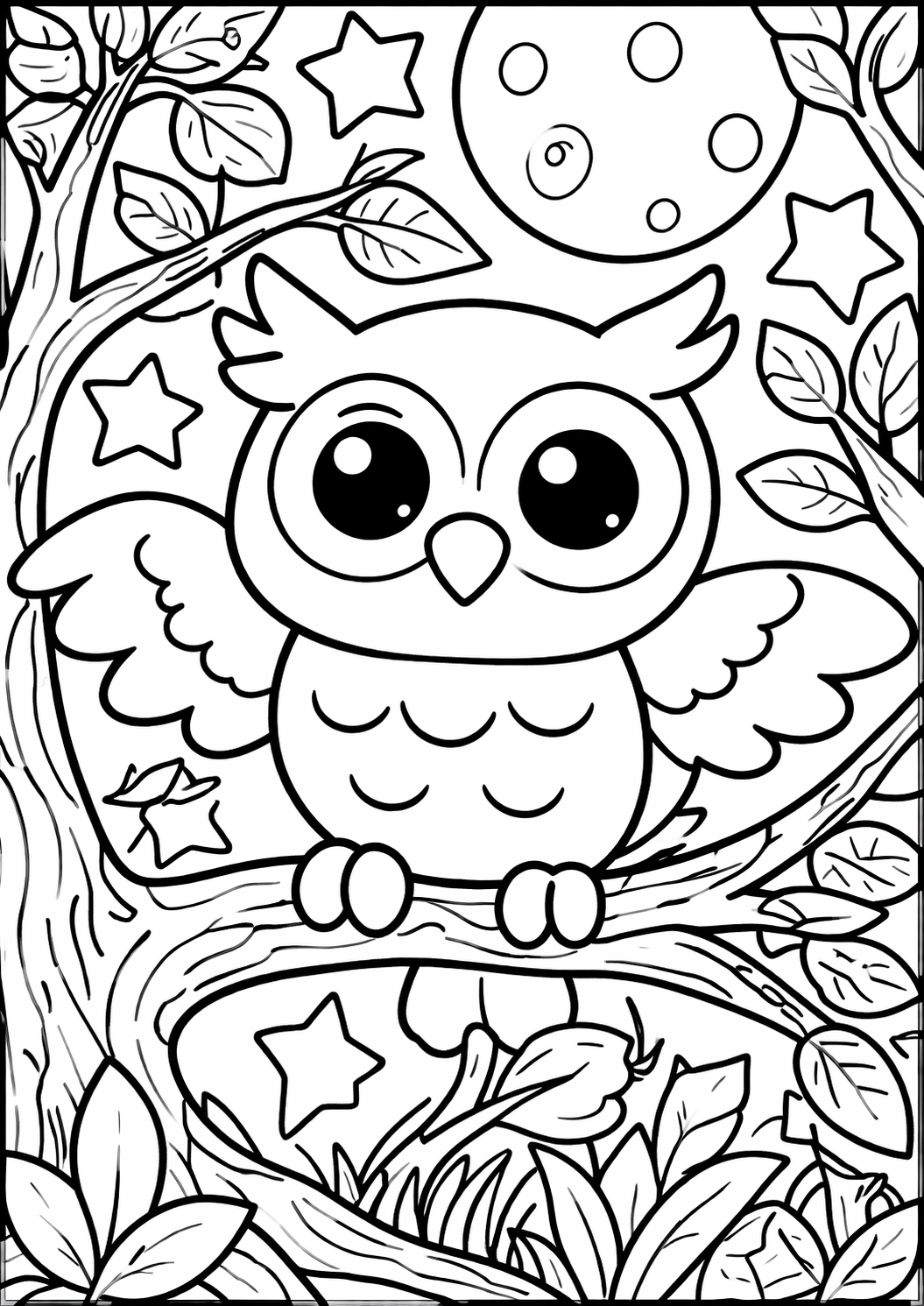 A charming owl sits on a tree branch under a full moon, surrounded by stars and leaves, providing a fun and whimsical scene for children to color.