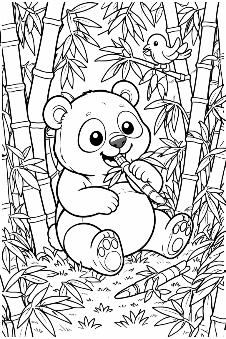 A delightful coloring page displaying a playful panda eating bamboo amidst a bamboo forest with a bird perched on a branch. Designed to engage children's creativity and love for animals.