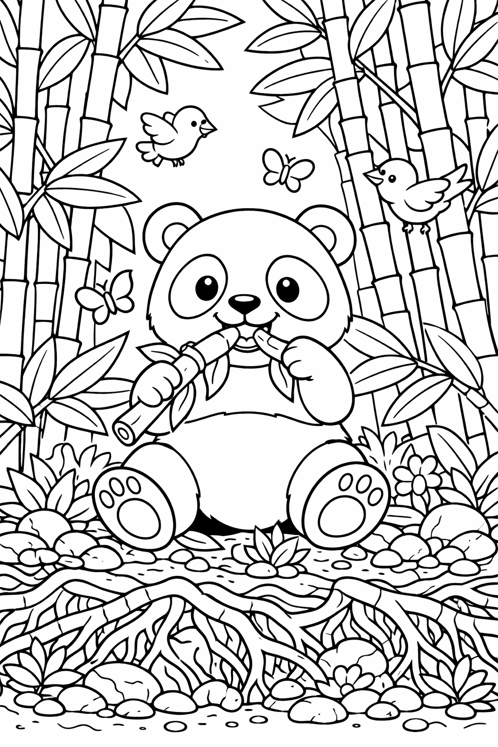 Cute panda sitting among bamboo in a forest, enjoying a bamboo stick. The scene includes birds and butterflies, creating a lively and engaging environment for children to color.