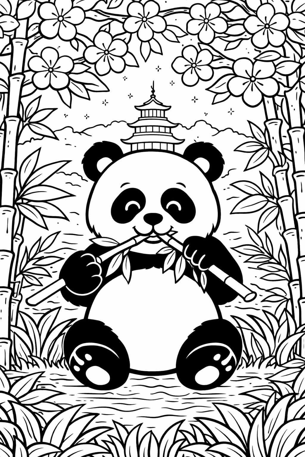 A delightful coloring page showing a panda munching on bamboo amidst lush bamboo and cherry blossoms, with a pagoda in the background, offering a charming Asian landscape scene for children to color.