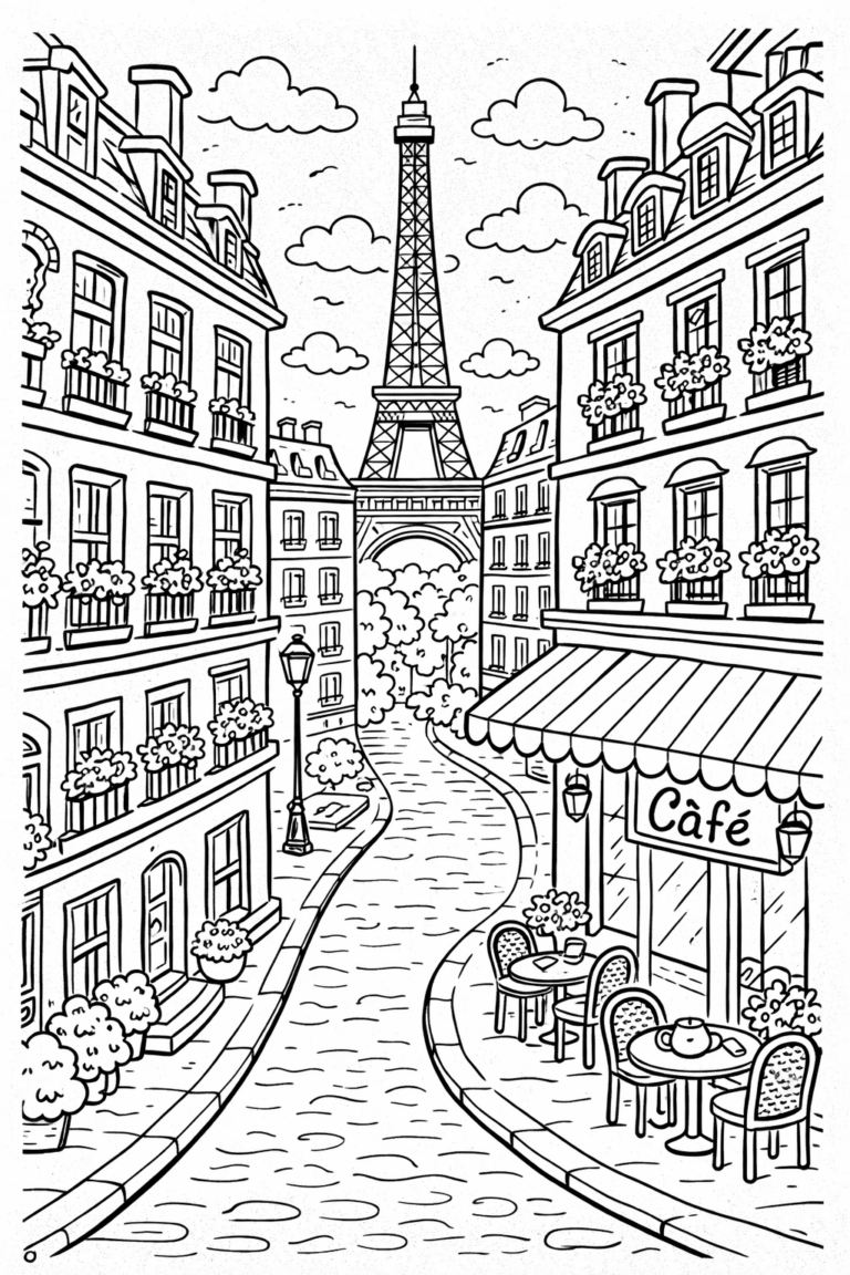 Coloring page featuring a Paris street with detailed buildings, the Eiffel Tower, and a cozy café. Kids can color the intricate architecture, street details, and the vibrant sky.