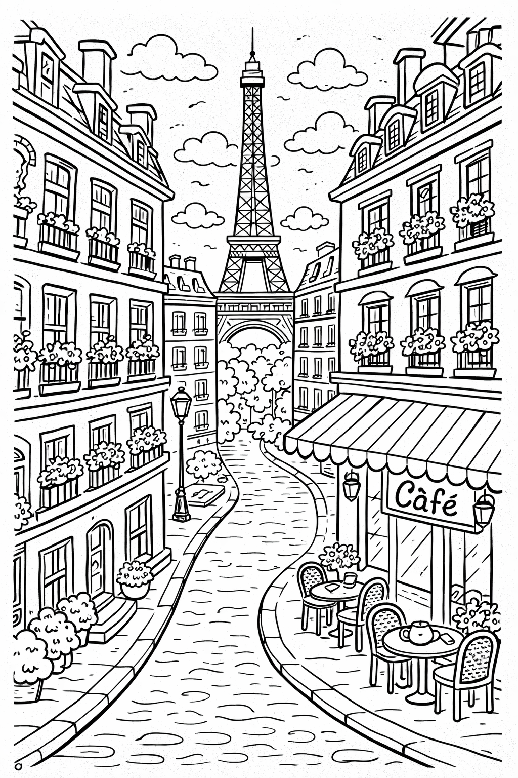 Coloring page featuring a Paris street with detailed buildings, the Eiffel Tower, and a cozy café. Kids can color the intricate architecture, street details, and the vibrant sky.