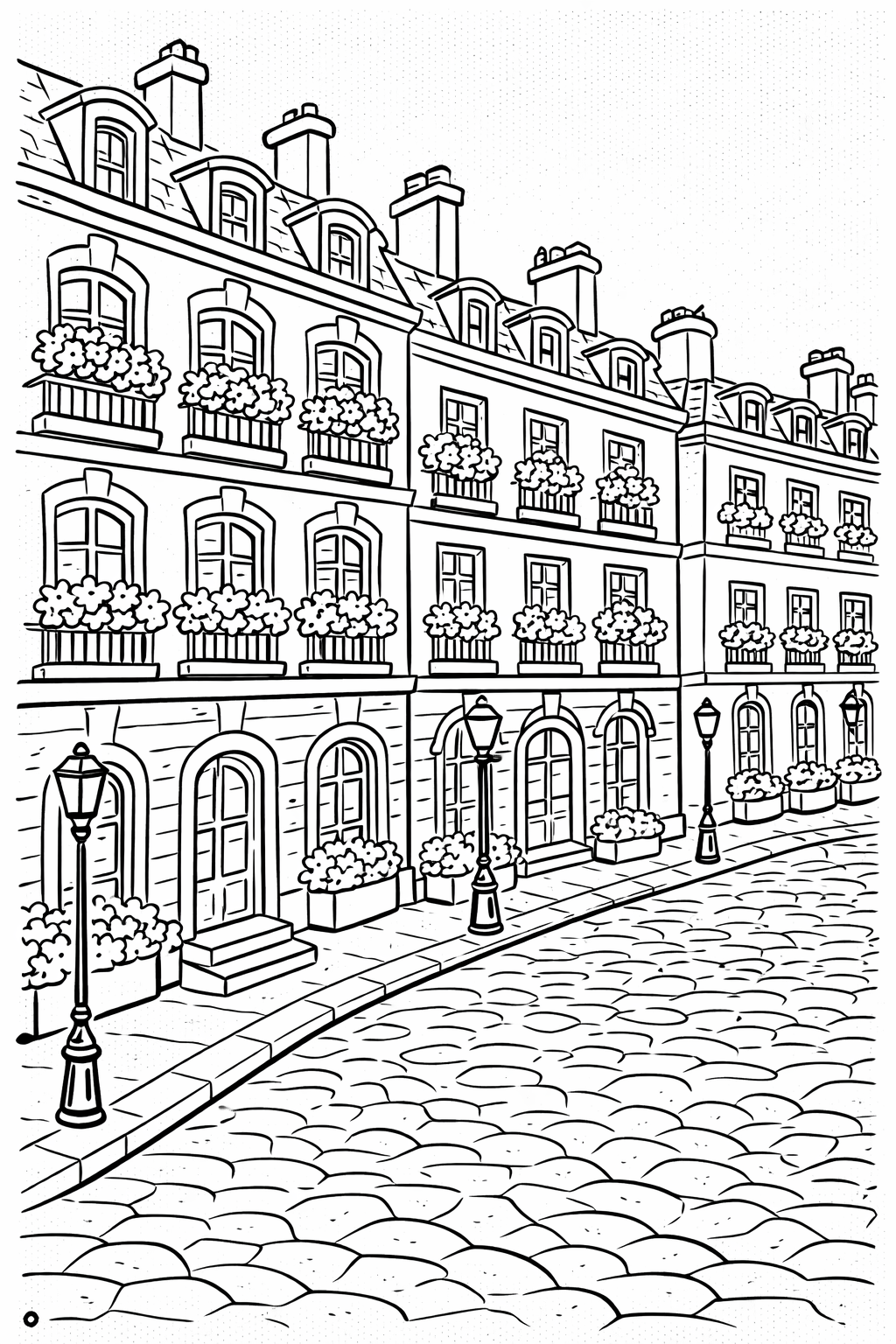 A detailed Parisian street scene with elegant buildings, charming windows, and a cobblestone street, inviting creativity with every coloring stroke.