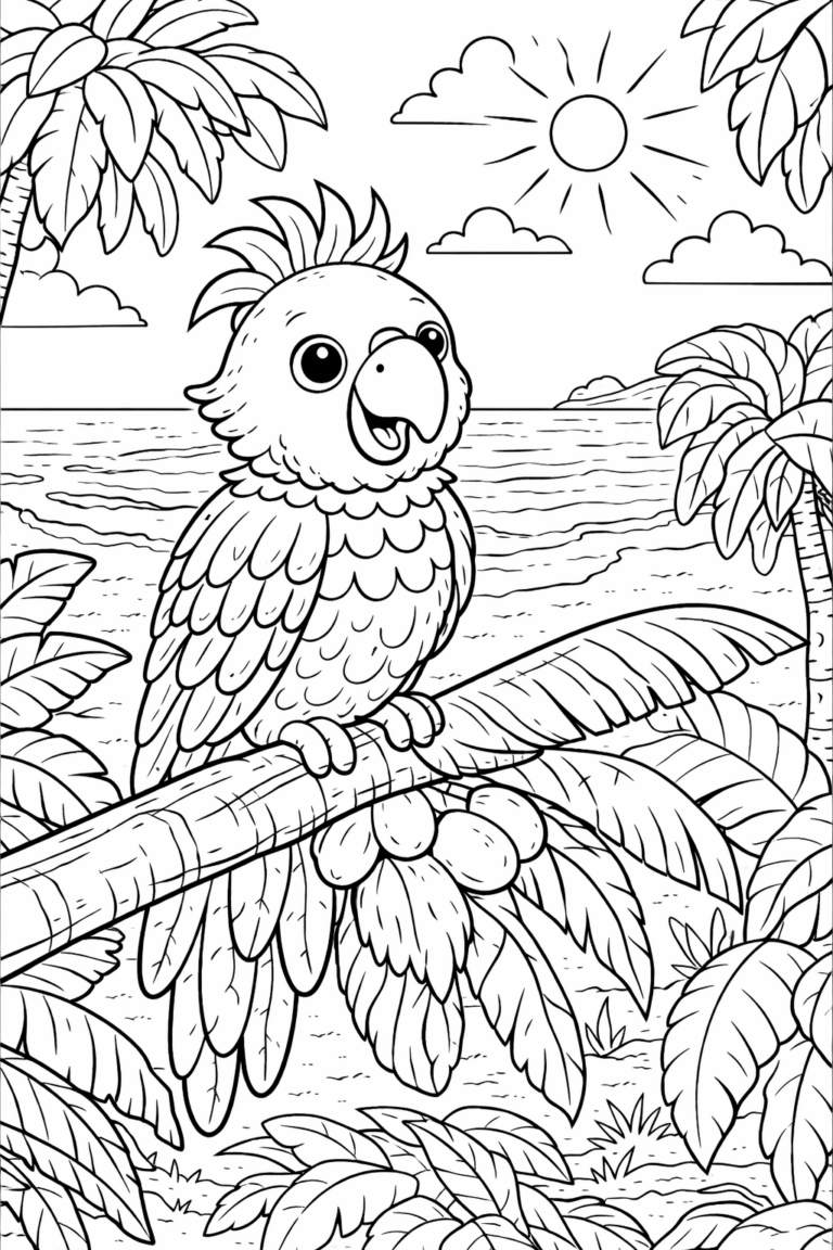 A cheerful parrot sits on a branch amidst tropical foliage with a sunny backdrop. Children can use various colors to bring this lively scene to life.