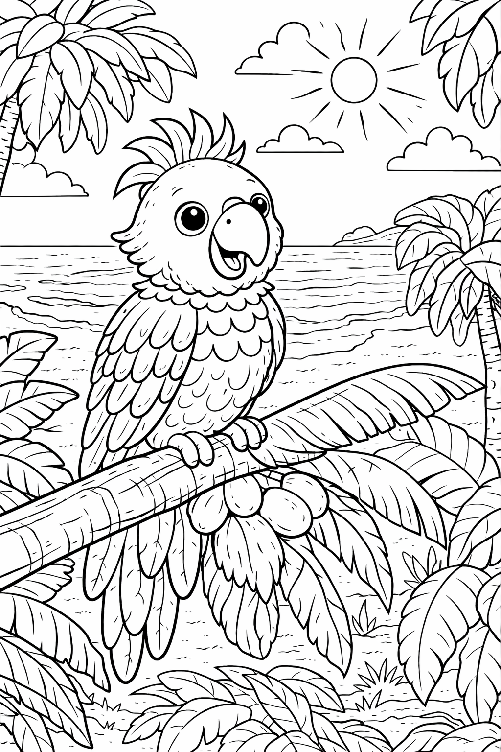 A cheerful parrot sits on a branch amidst tropical foliage with a sunny backdrop. Children can use various colors to bring this lively scene to life.