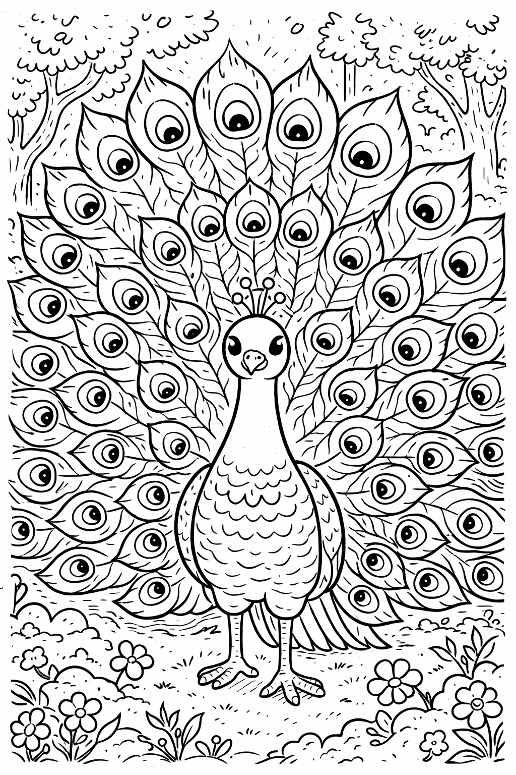 Children's coloring page with a detailed peacock displaying its feathers. The scene is set in a serene garden with trees and flowers, offering an engaging activity for kids.
