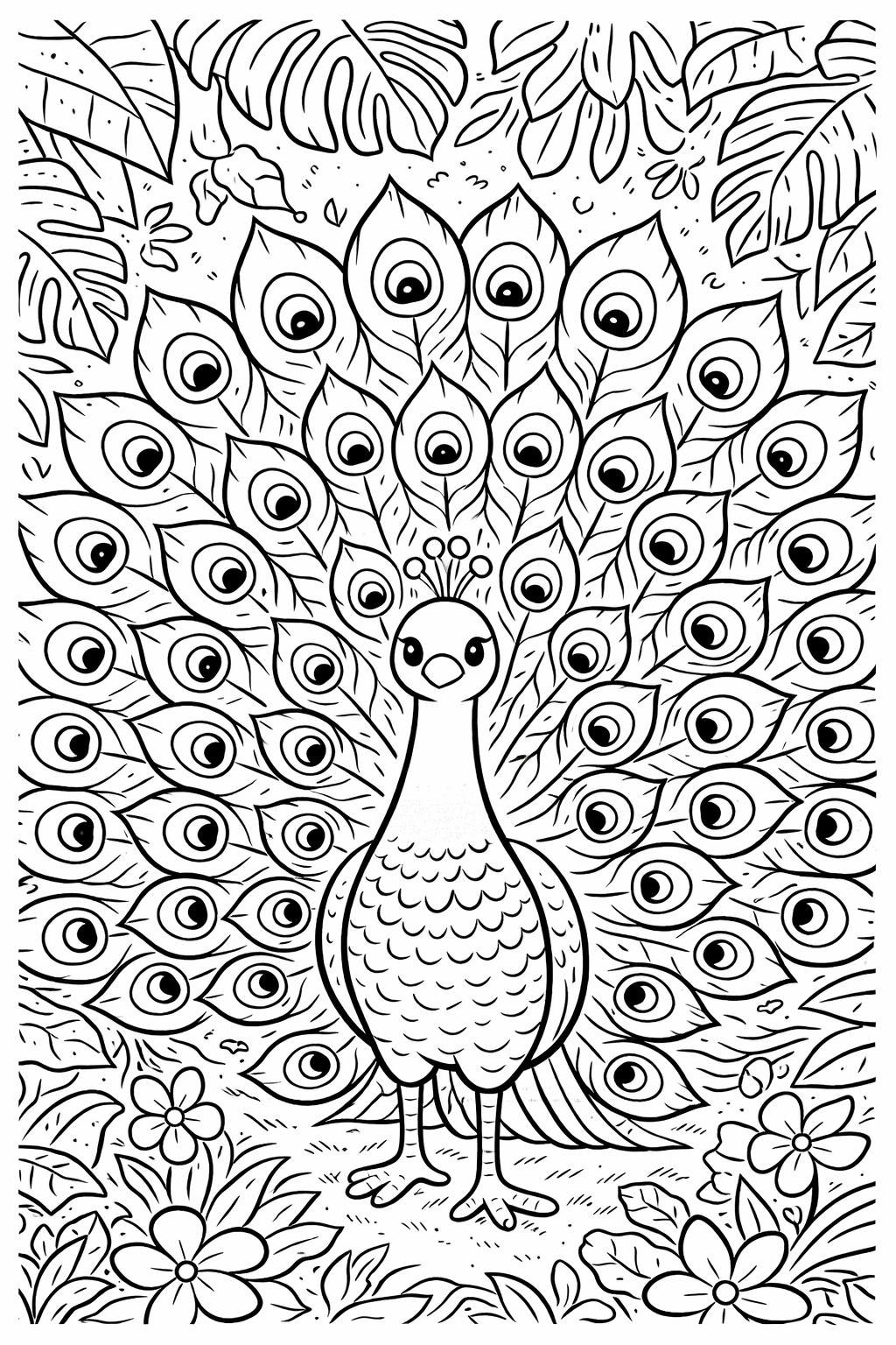A peacock stands proudly with its tail elegantly fanned out. The tail feathers are adorned with eye-like patterns. Surrounding the peacock are tropical leaves and flowers, adding to the vibrancy of this nature-themed coloring page.