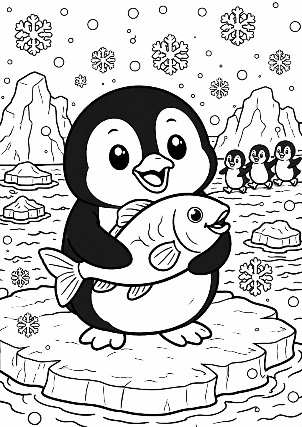 A delightful penguin coloring page with a penguin holding a fish. The scene includes snowflakes, ice floes, and other penguins, perfect for children to color and enjoy.