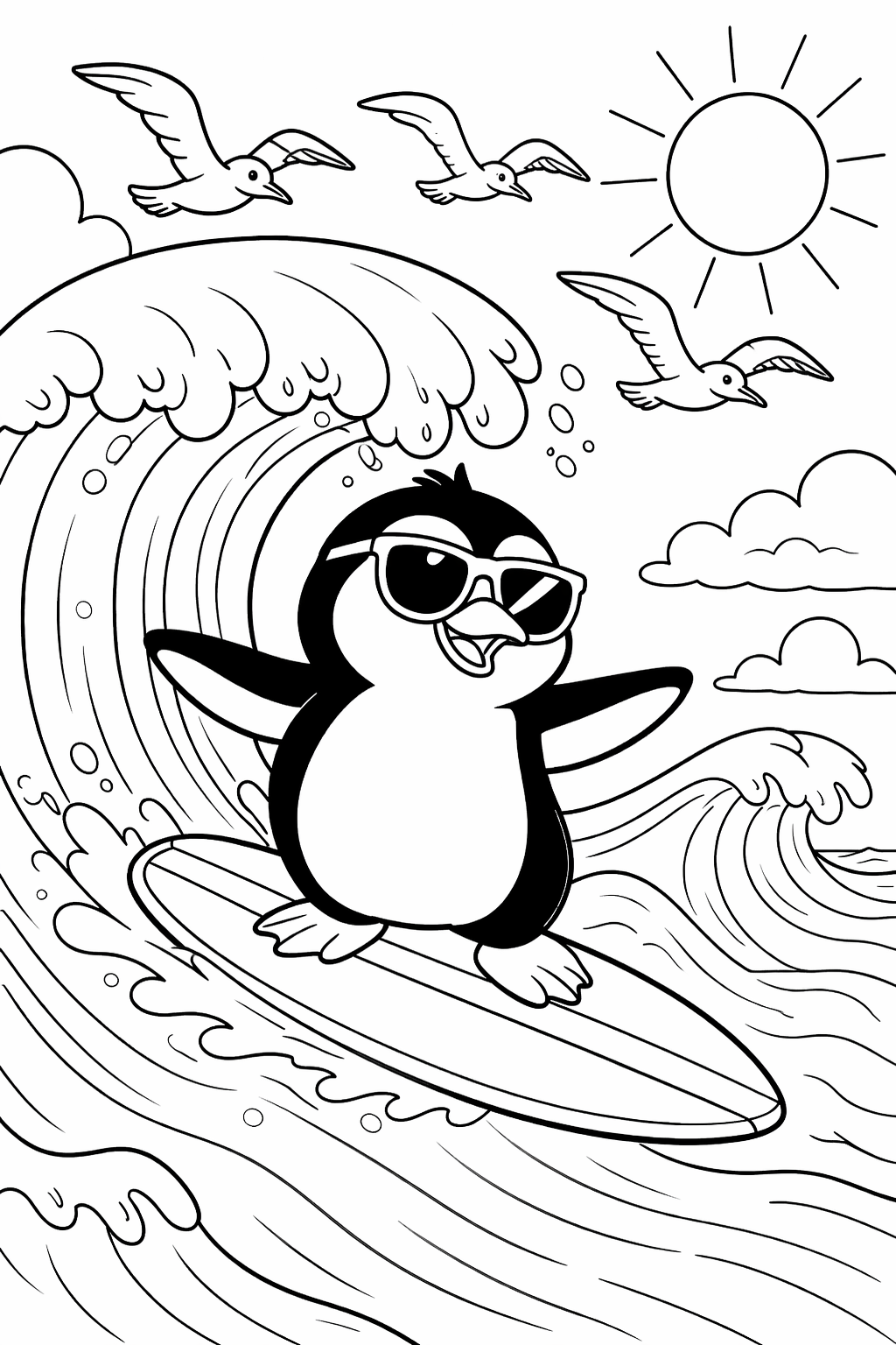 A playful penguin wearing sunglasses rides a surfboard on a big wave under a sunny sky. Seagulls gracefully soar in the background, adding to the excitement of the beach scene.