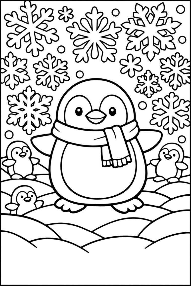 A delightful scene with penguins in winter snow, surrounded by decorative snowflakes. The large penguin wears a cozy scarf, conveying a charming winter wonderland ideal for kids to color.